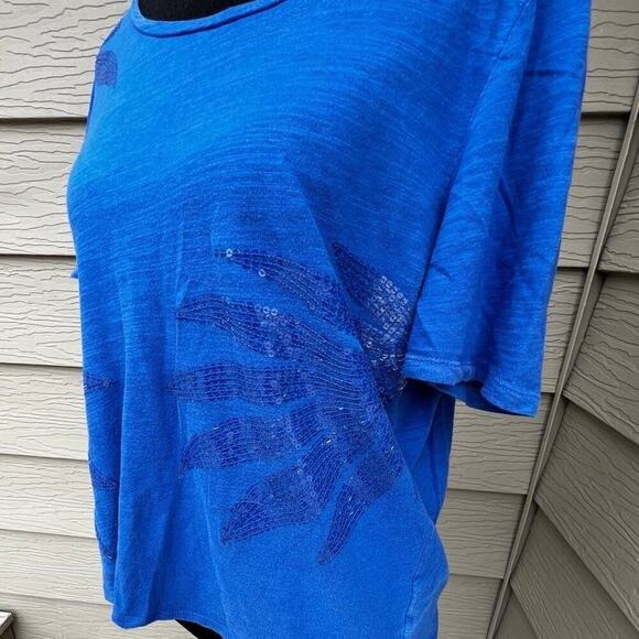 JONES NEW YORK sequin, short sleeve, rounded neckline. Blue T-shirt, women's PM - Picture 3 of 6